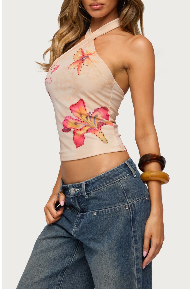 Nadina Floral Rhinestone Halter Top, Alternate, color, BEIGE