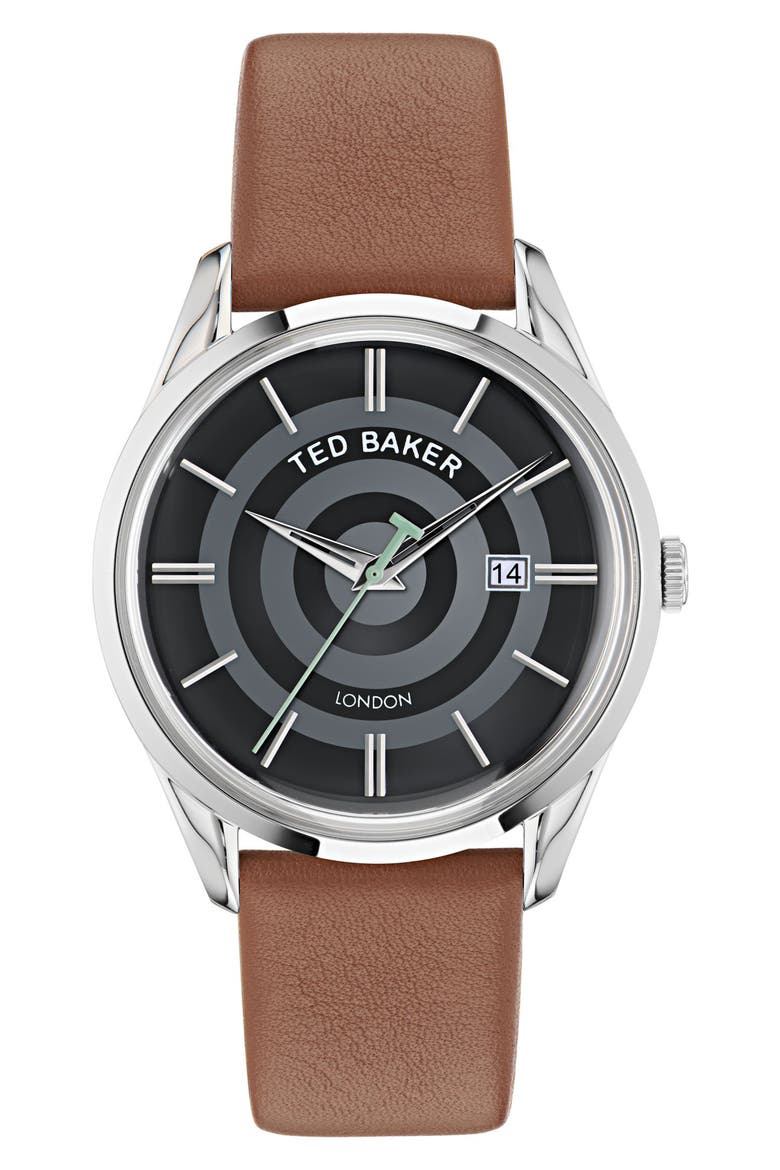 Recycled Stainless Steel Leather Strap Watch, Main, color, BROWN