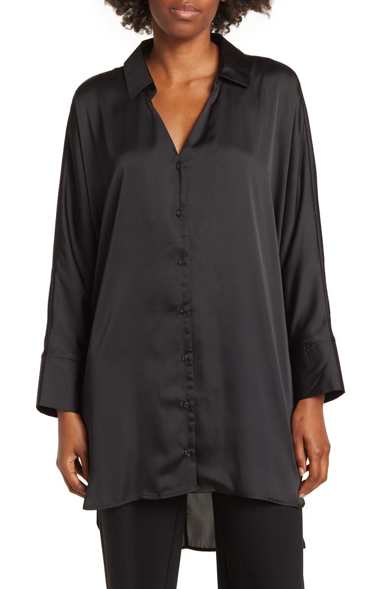 BY DESIGN Marissa Collared Poly Silk Tunic, Main, color, Black