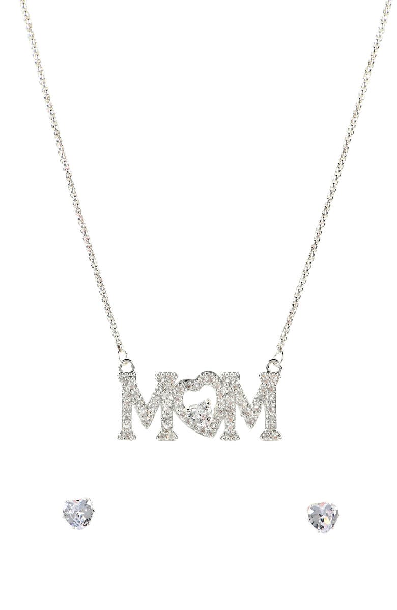 Danecraft Mom Pendant Necklace & Heart Stud Earrings Set, Alternate, color, Metallic Silver