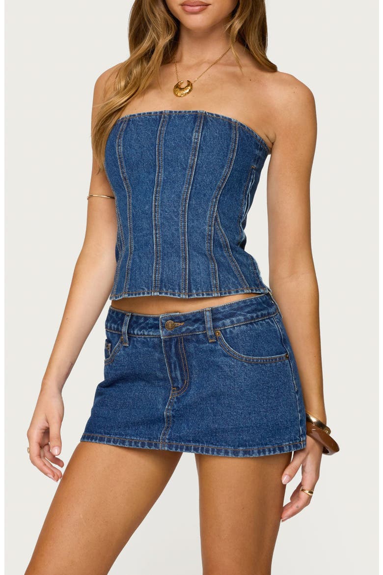 Camelia Strapless Denim Corset Top, Main, color, BLUE-WASHED