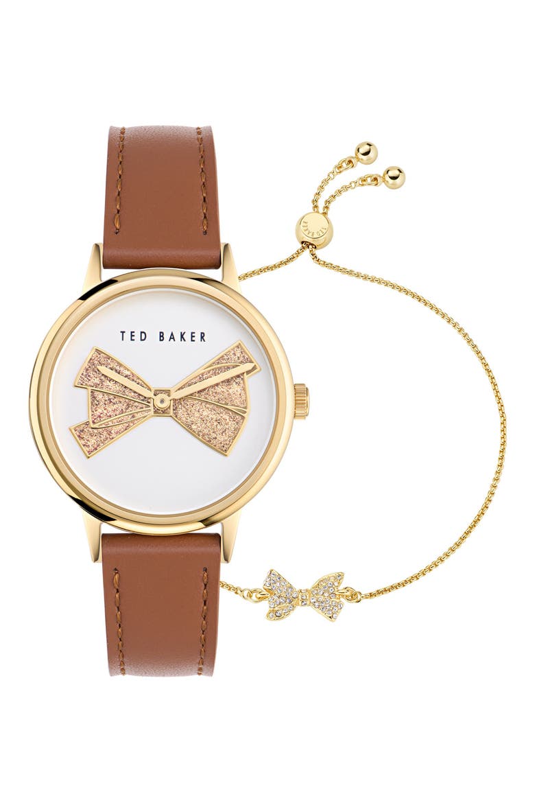 Phylipa Leather Strap Watch & Bracelet Set, 36mm, Main, color, BROWN