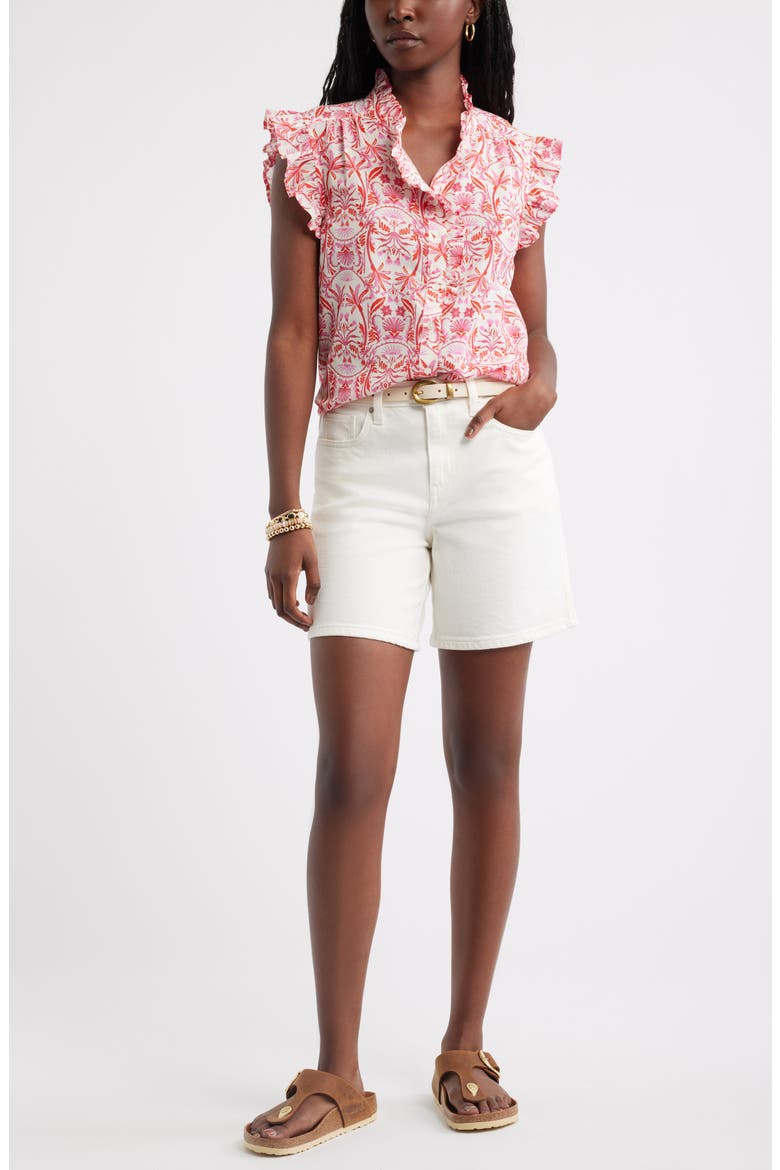 Ruffle Sleeve Cotton Blend Top, Alternate, color, IVORY- PINK PALM FLORAL