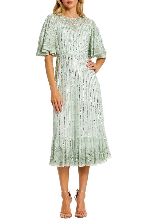Embellished Flounce Sleeve Midi Dress
