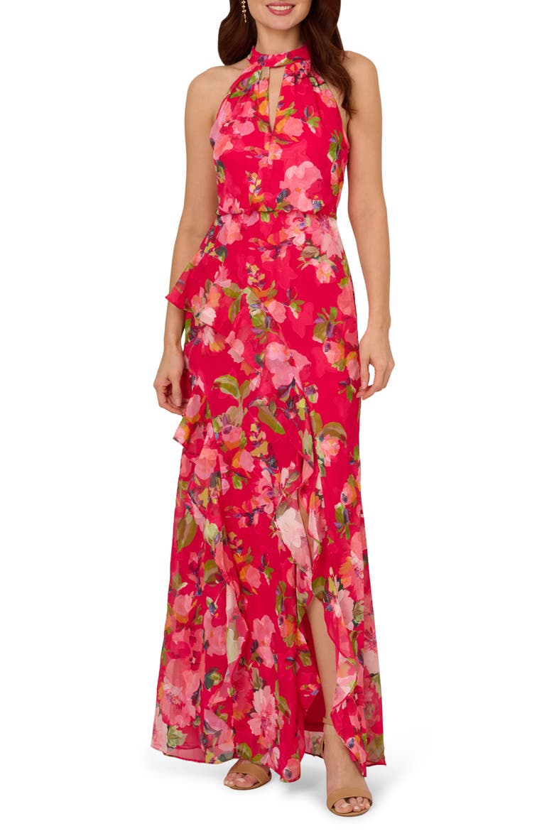 Floral Ruffle Mermaid Cocktail Dress, Main, color, PINK MULTI