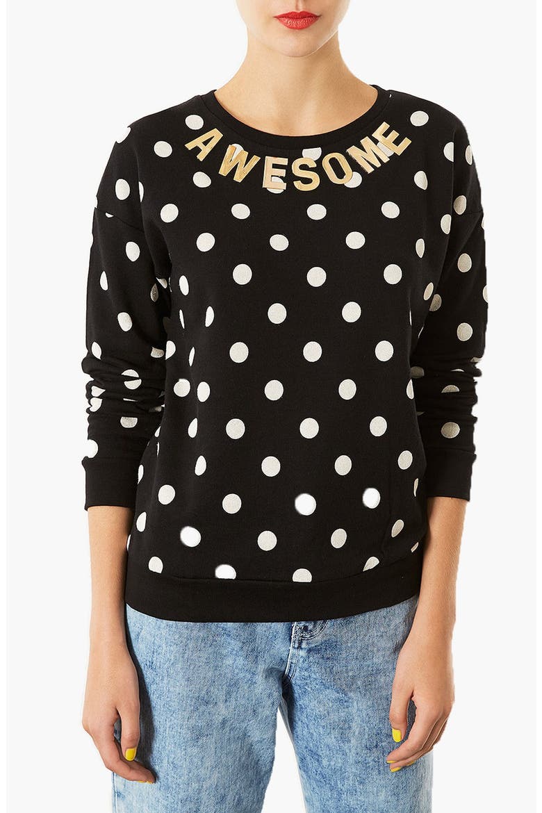 Spotted Slogan Sweatshirt, Main, color, BLACK