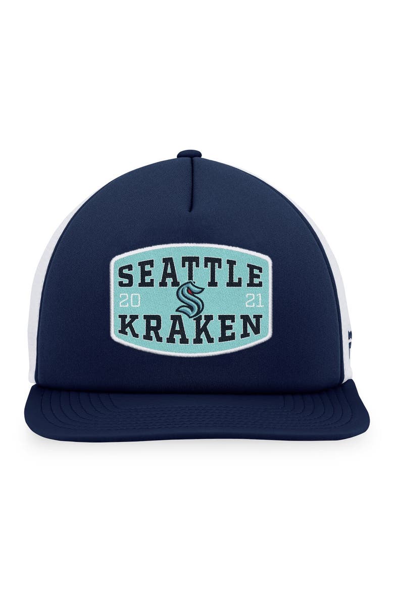 Men's Fanatics Branded Deep Sea Blue/White Seattle Kraken Foam Front Patch Trucker Snapback Hat, Alternate, color, Navy