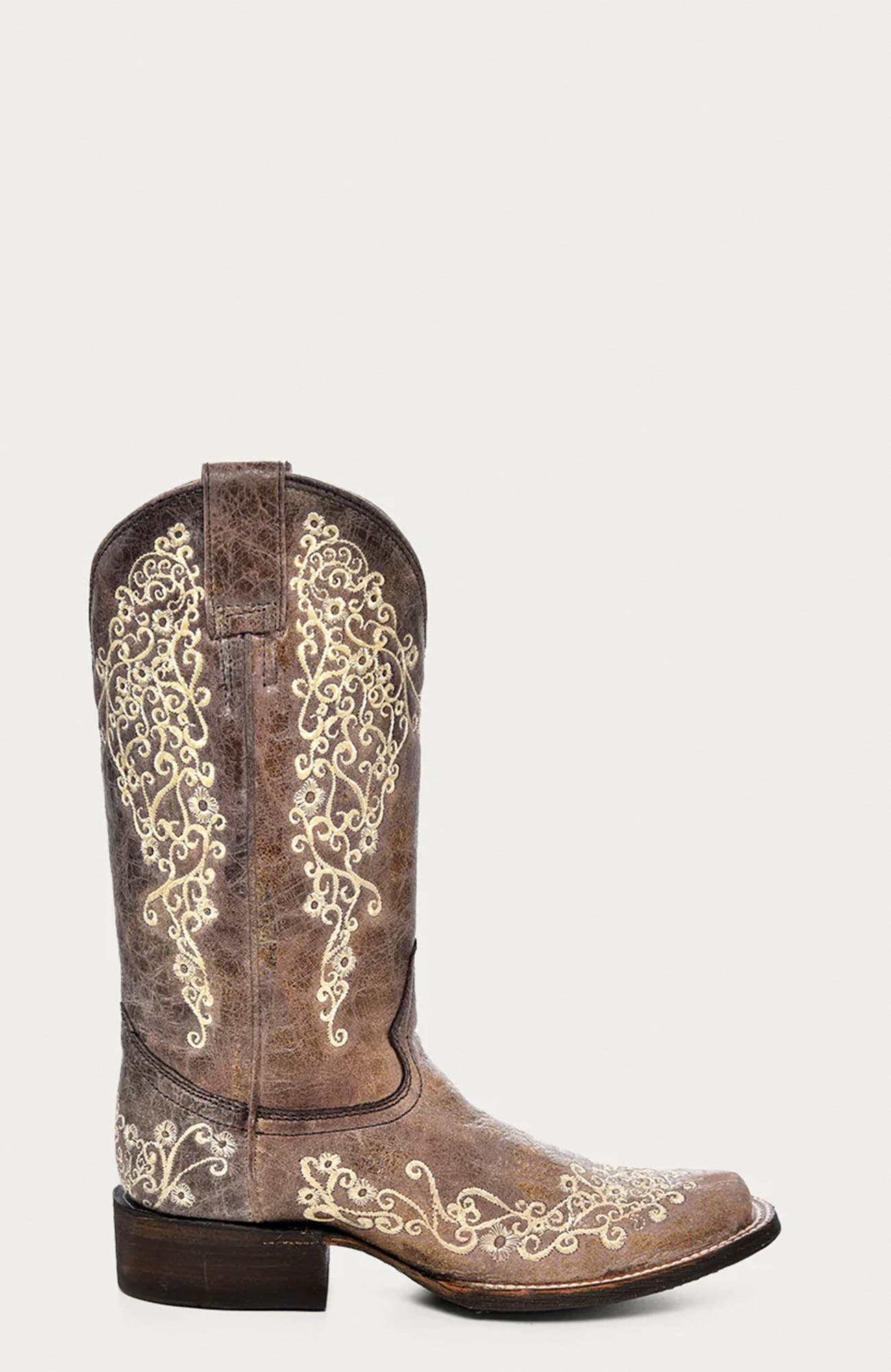 Cowhide Embroidered Distressed Square Toe Western Boots, Alternate, color, Brown