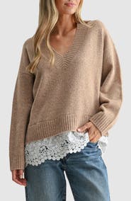 All in Favor Lace Hem V-Neck Sweater