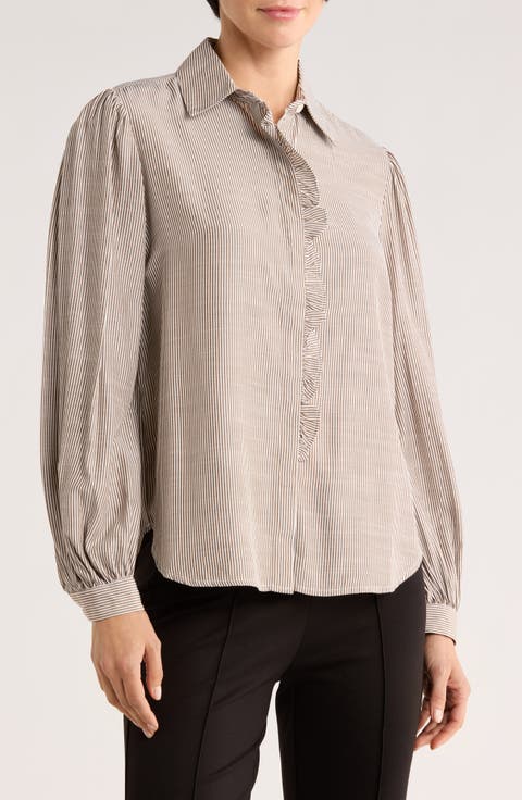 Stripe Ruffle Front Button-Up Shirt