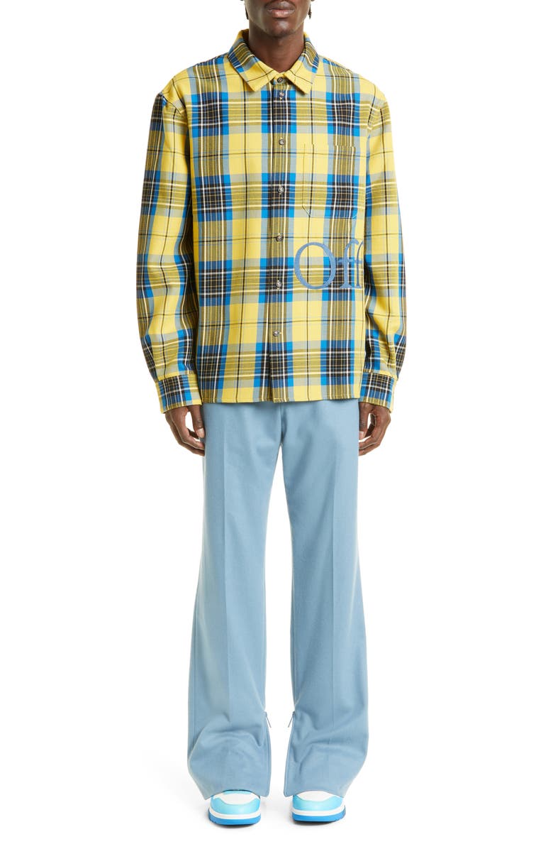 Off-White Embroidered Logo Check Virgin Wool Button-Up Shirt, Alternate, color, 