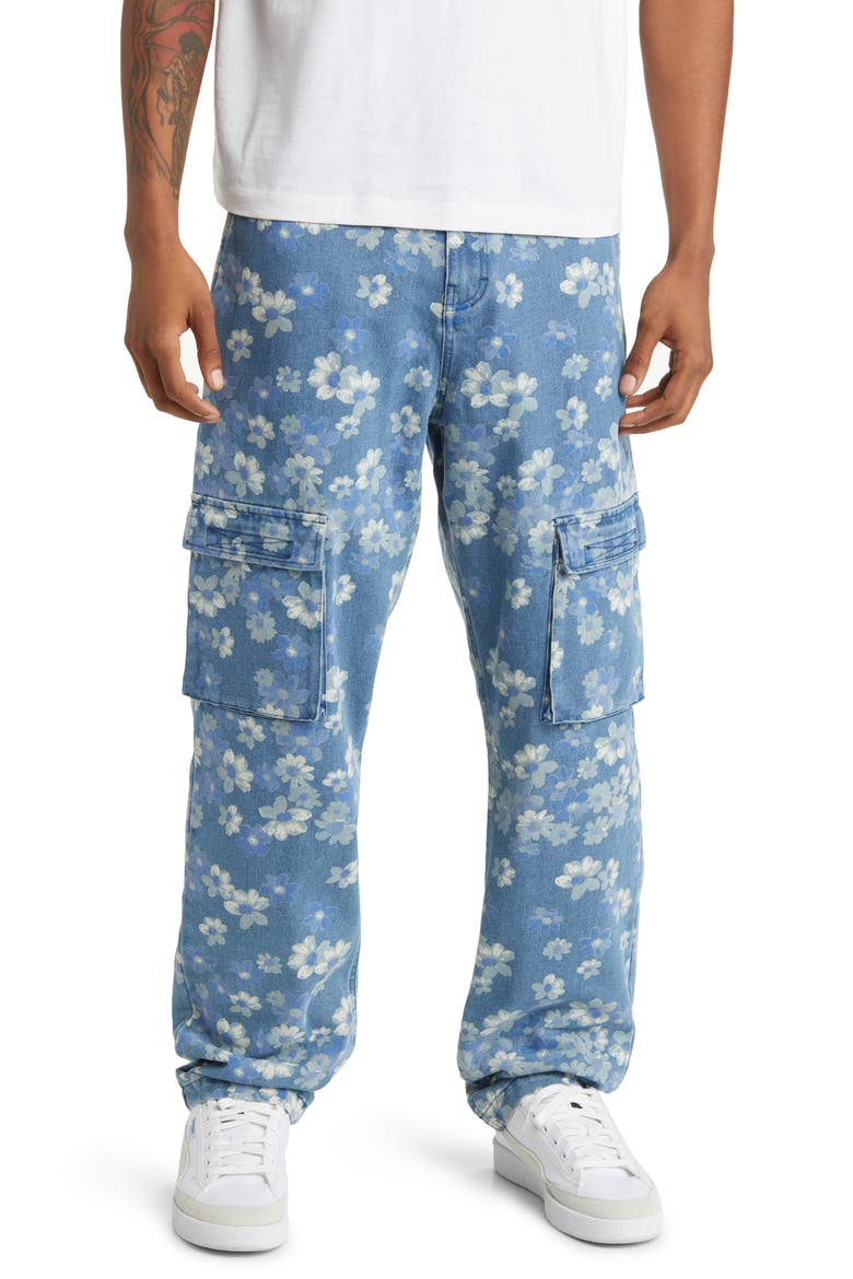 Garden Floral Denim Cargo Pants, Main, color, INDIGO
