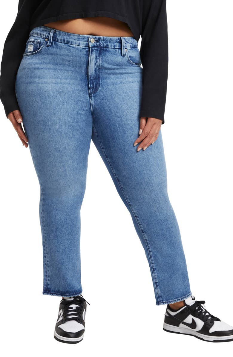 Good American Good Straight High Waist Ankle Straight Leg Organic Cotton Jeans, Alternate, color,