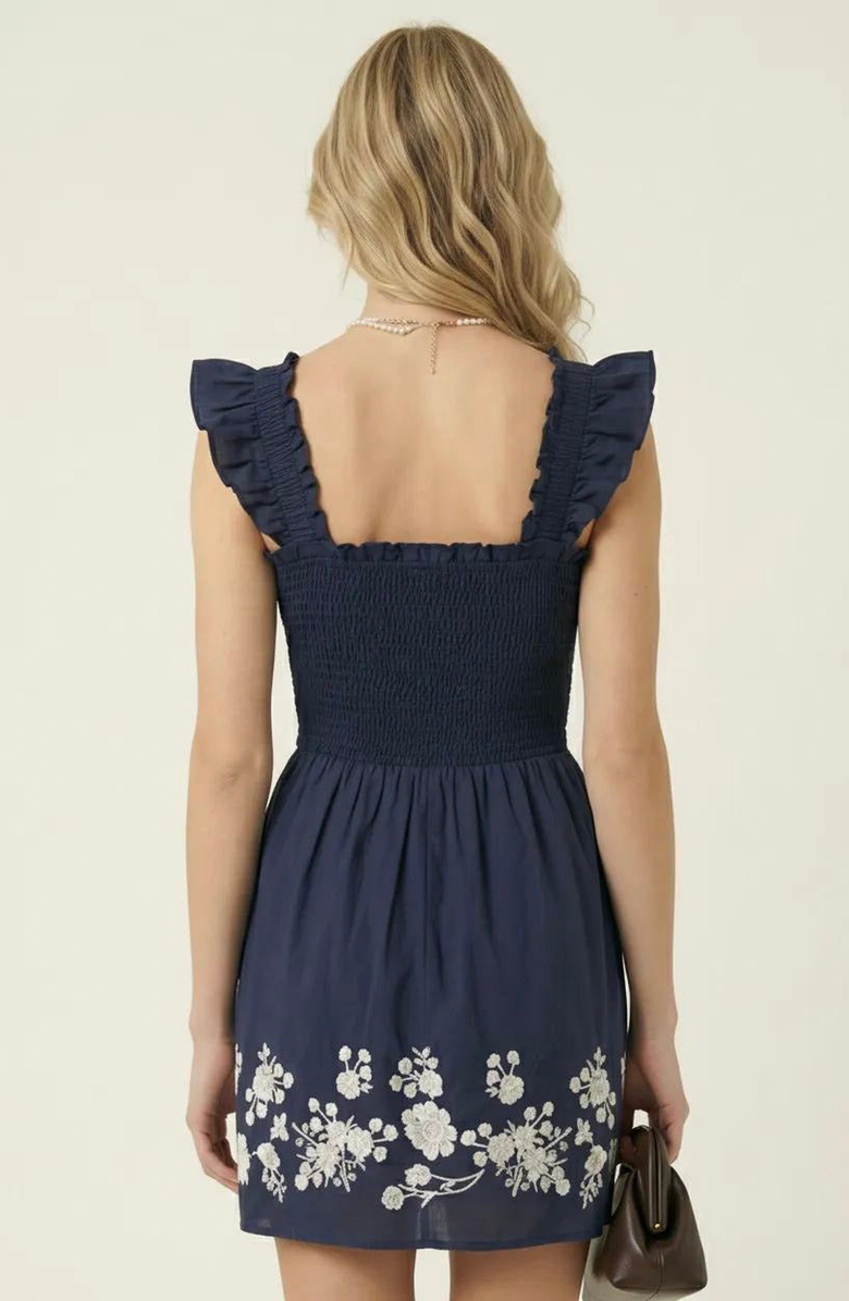 Modenaire Smocked Ruffle Strap Mini Dress with Floral Embroidery Hem, Alternate, color, Blue