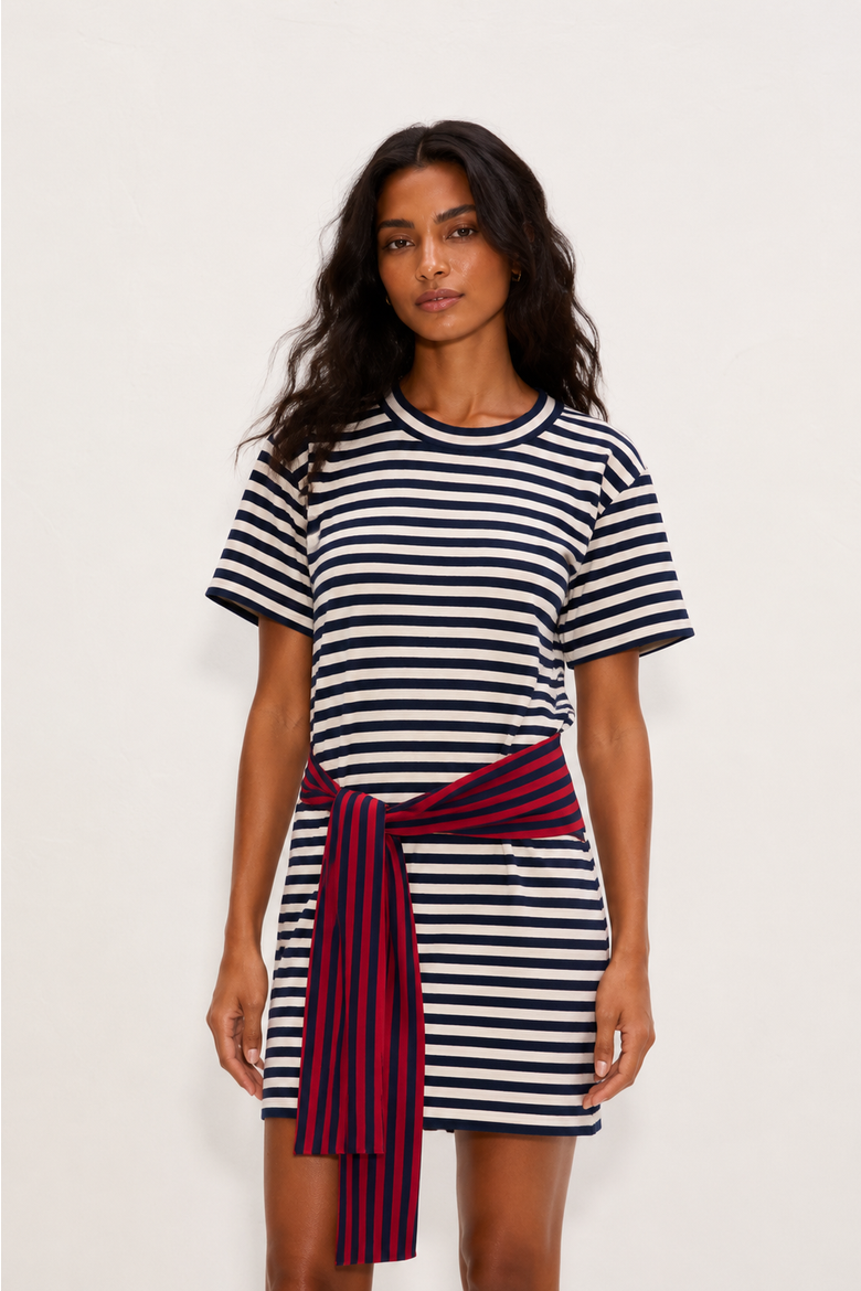 Lottie T-Shirt Dress with Tie Waist, Alternate, color, Navy Stripe Combo