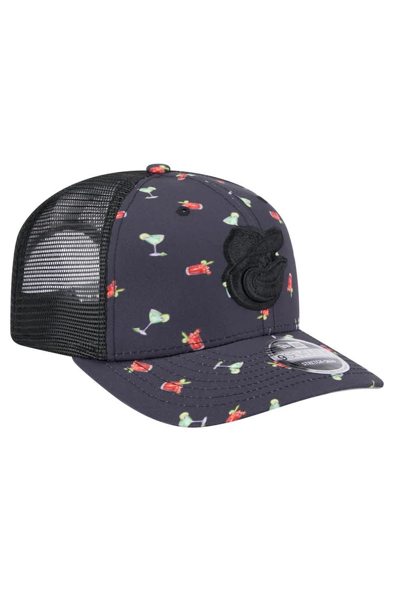 Men's New Era Black Baltimore Orioles Adventure Drinks Pattern 9SEVENTY Stretch-Snap Hat, Alternate, color, Navy