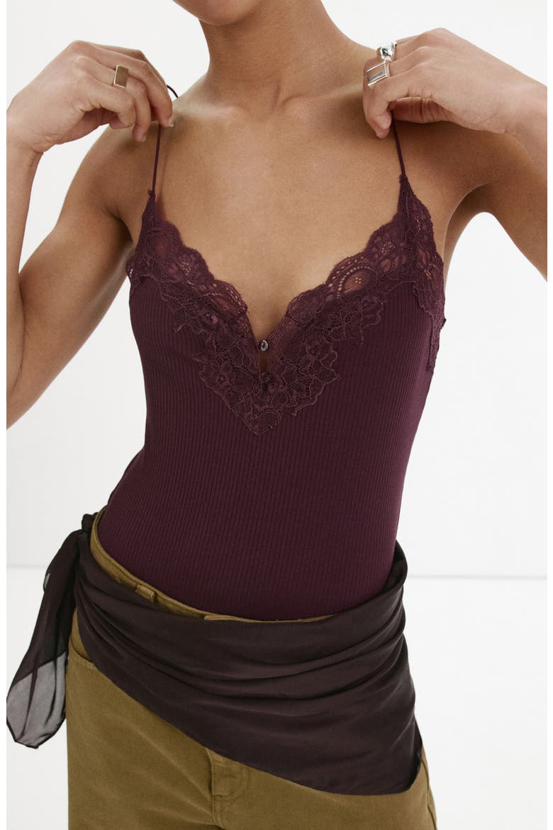 Lace Rib Camisole Bodysuit, Alternate, color, PLUM