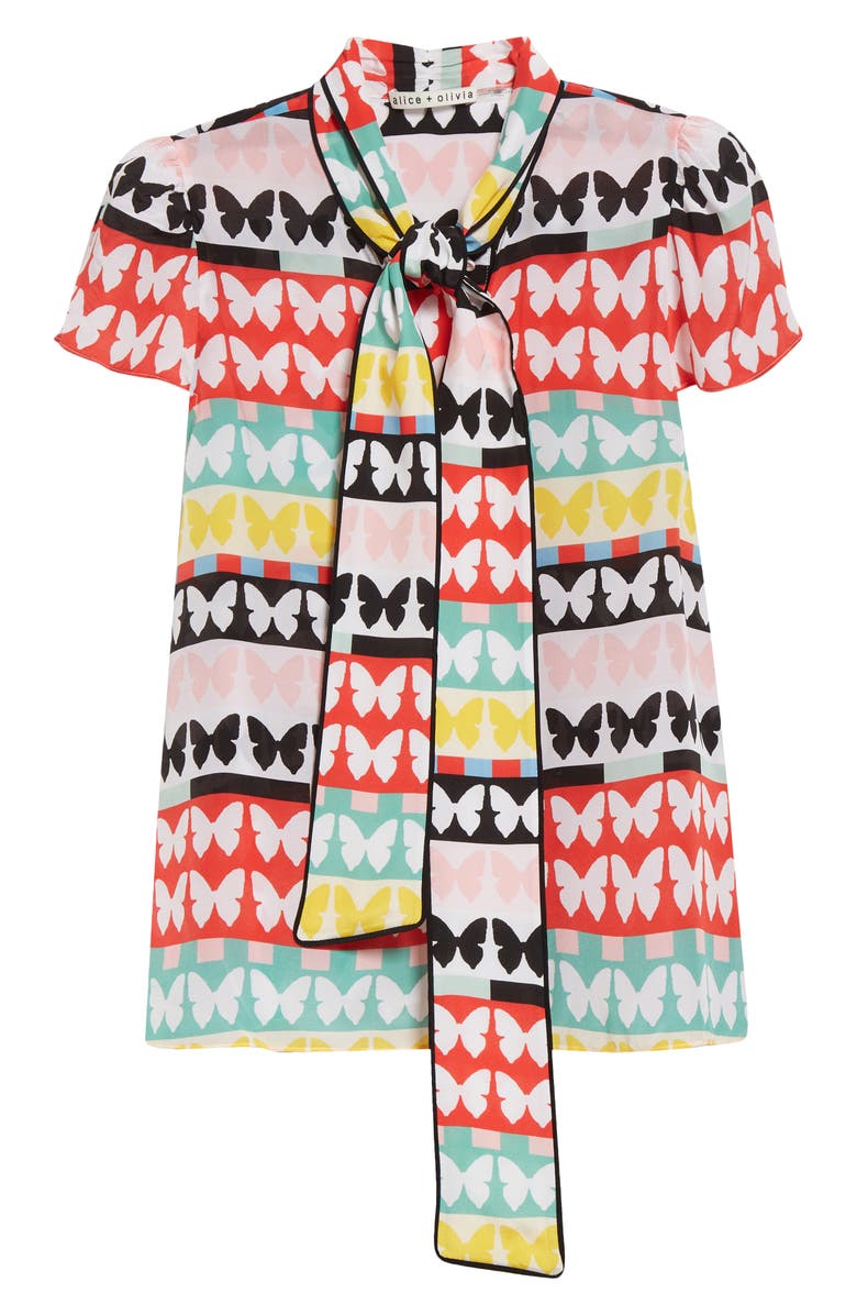Alice + Olivia Jeannie Butterfly Print Silk Top, Alternate, color,
