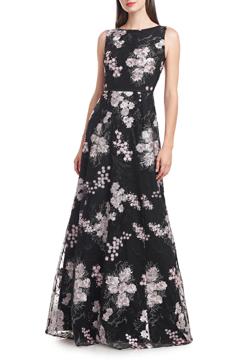 JS Collections Catalina Floral Embroidered A-Line Ballgown, Alternate, color, Black/ Blush