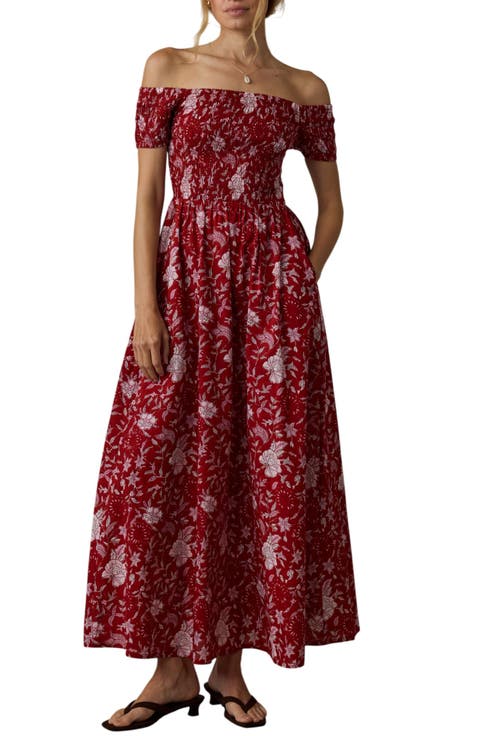 Sundance Floral Print Off the Shoulder Voile Midi Dress