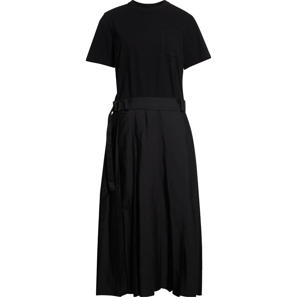 Sacai Mixed Media Belted Poplin & Jersey Midi Dress In Black