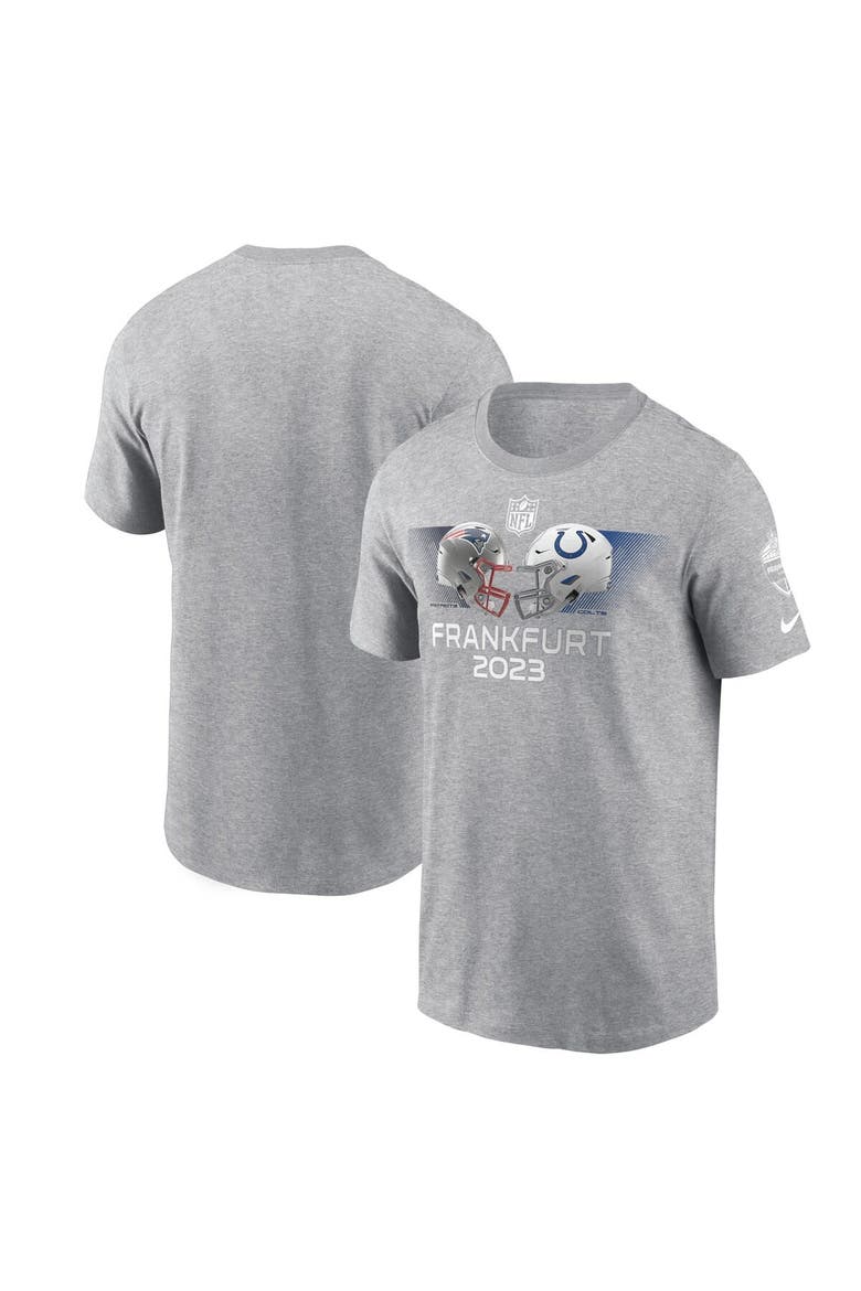 Men's Nike Heather Gray New England Patriots vs. Indianapolis Colts 2023 Frankfurt Game Essential T-Shirt, Main, color, Heather Gray
