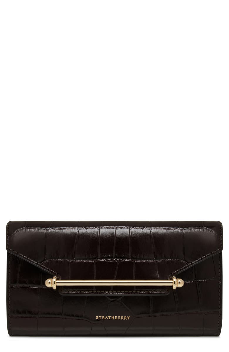 Strathberry Large Multrees Croc Embossed Leather Wallet on a Chain, Main, color, Mahogany/ Black