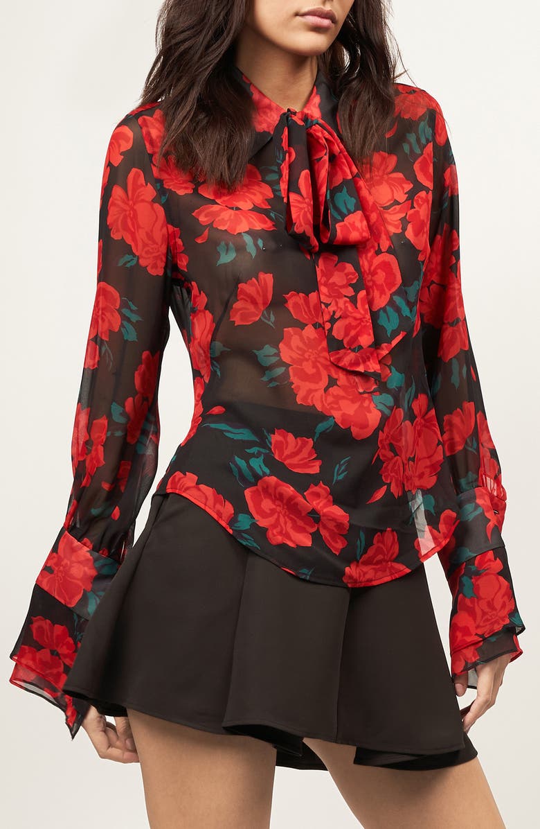 Equipment Mahalia Floral Tie Neck Silk Top, Alternate, color, True Black Multi