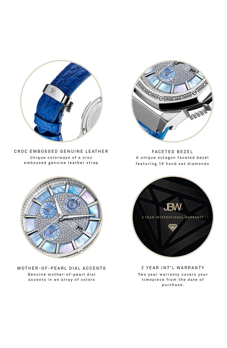 JBW Men's Saxon Diamond Croc Embossed Leather Strap Watch, 48mm - 0.16 ctw, Alternate, color, Silver