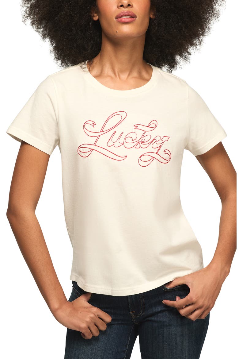 Lucky Ribbon Crewneck T-Shirt, Main, color, GARDENIA