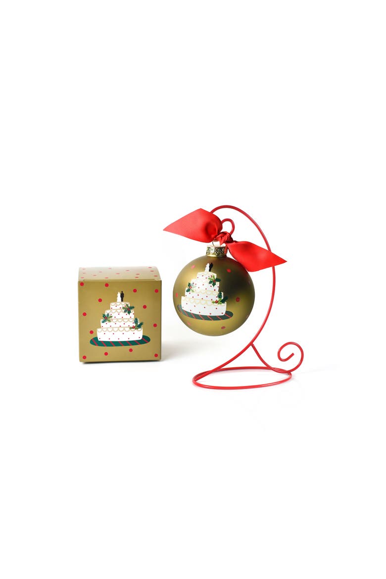 Our First Christmas as Mr. & Mrs. Wedding Cake Glass Ornament with Stand, Main, color, Yellow