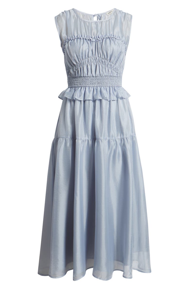 MOON RIVER Semi Sheer Yoke Gathered Peplum Midi Dress, Alternate, color, Dusty Blue