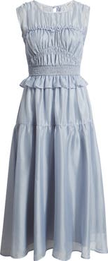 MOON RIVER Semi Sheer Yoke Gathered Peplum Midi Dress