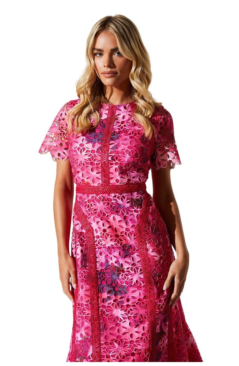 Coast Petite Printed Lace Midi Pencil Dress, Alternate, color, Pink