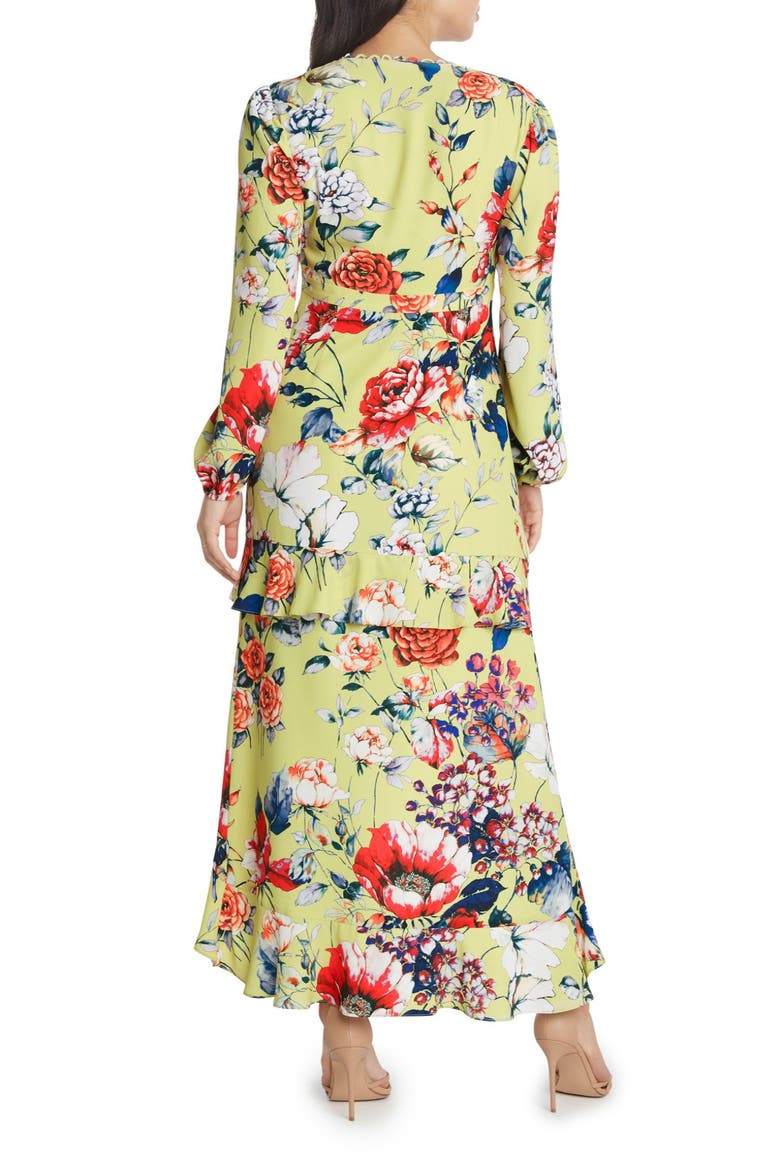 Asymmetrical Ruffle Floral Print Midi Dress, Alternate, color, CHARTREUSE
