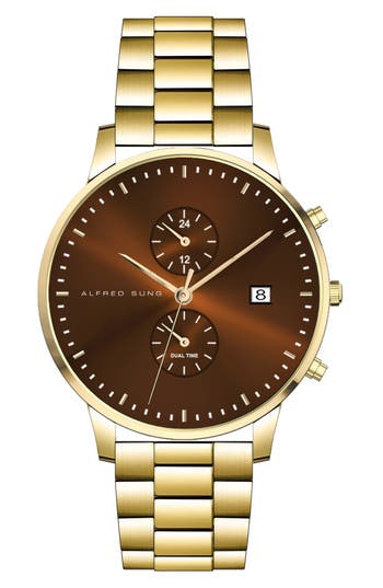 Alfred Sung Dual Time Quartz Bracelet Watch, 42mm In Gold Bracelet Brown Dial