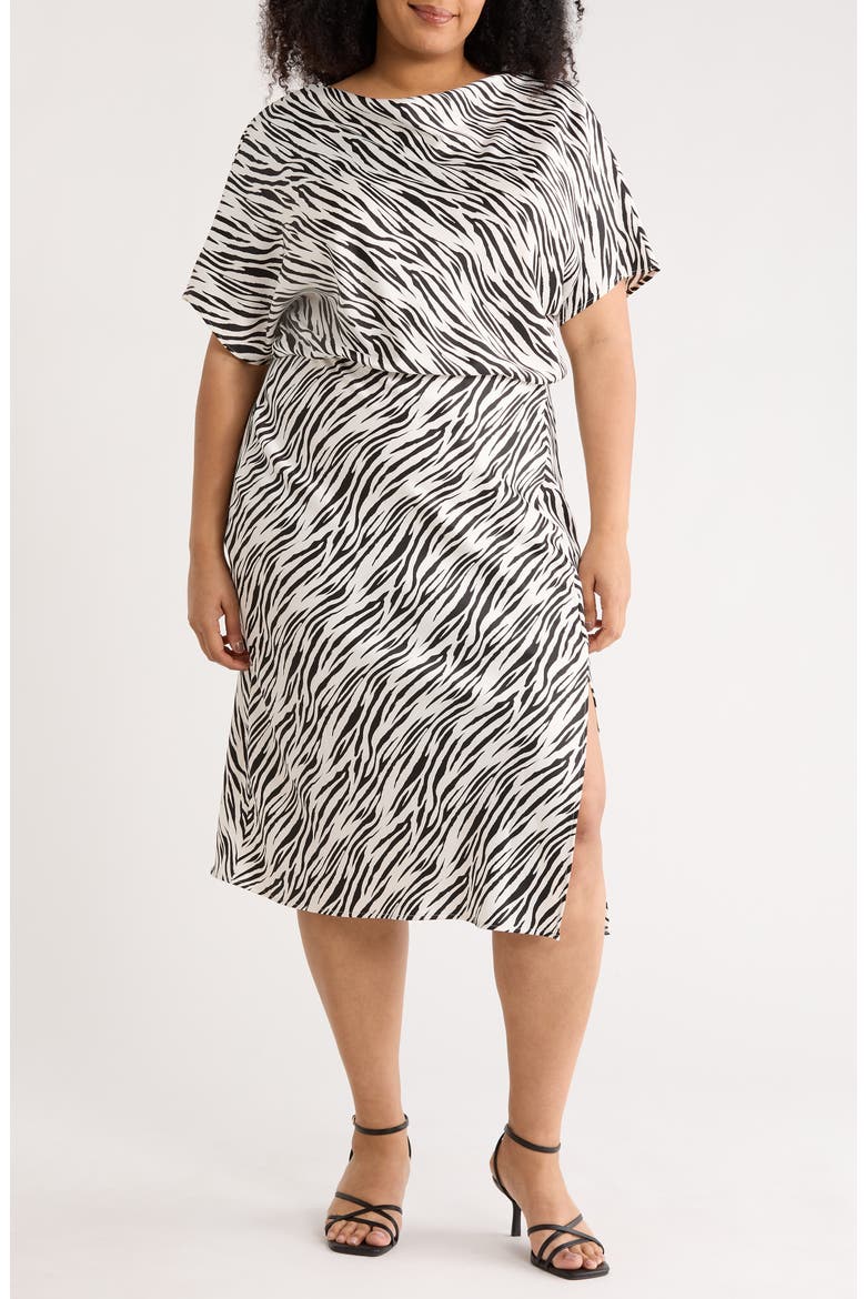 Zebra Print Short Sleeve Satin Midi Dress, Main, color, IVORY