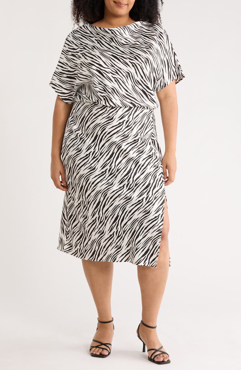 Renee C Zebra Print Short Sleeve Satin Midi Dress, Main, color, Ivory