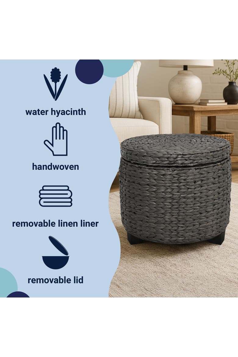 Addie 17.72" Modern Coastal Handwoven Water Hyacinth Storage Ottoman with Lid, Alternate, color, Black
