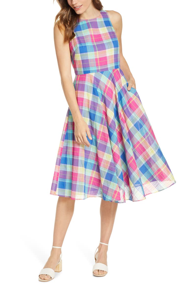 Madras Plaid Fit & Flare Dress, Main, color, MULTI