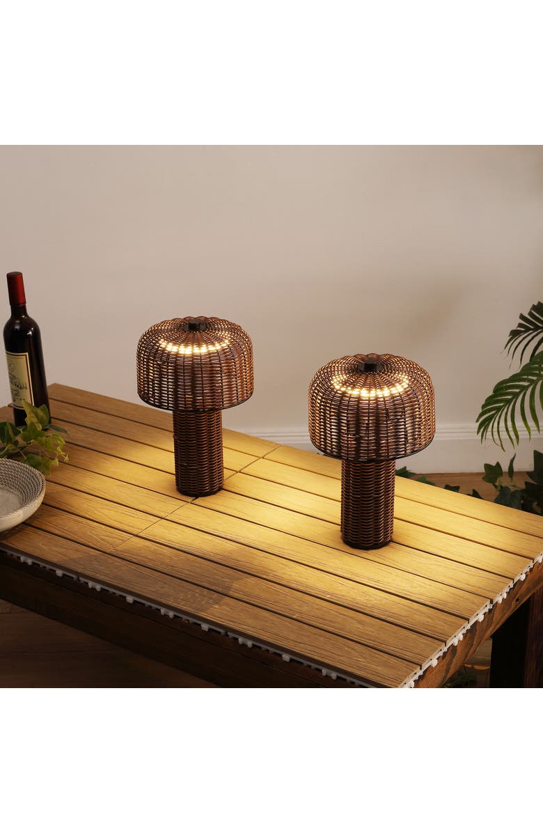 JONATHAN Y 10" Indoor/Outdoor Wicker Rechargeable/Cordless Dimmable LED Table Lamp, Alternate, color, Dark Brown Black