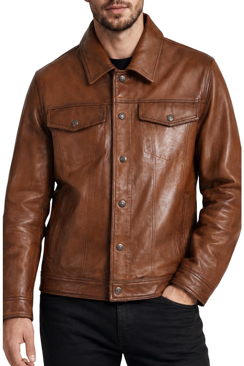 Vintage Leather Trucker Jacket, Main, color, BROWN