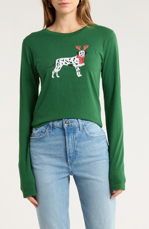 Reindeer Dog Long Sleeve Cotton Graphic T-Shirt