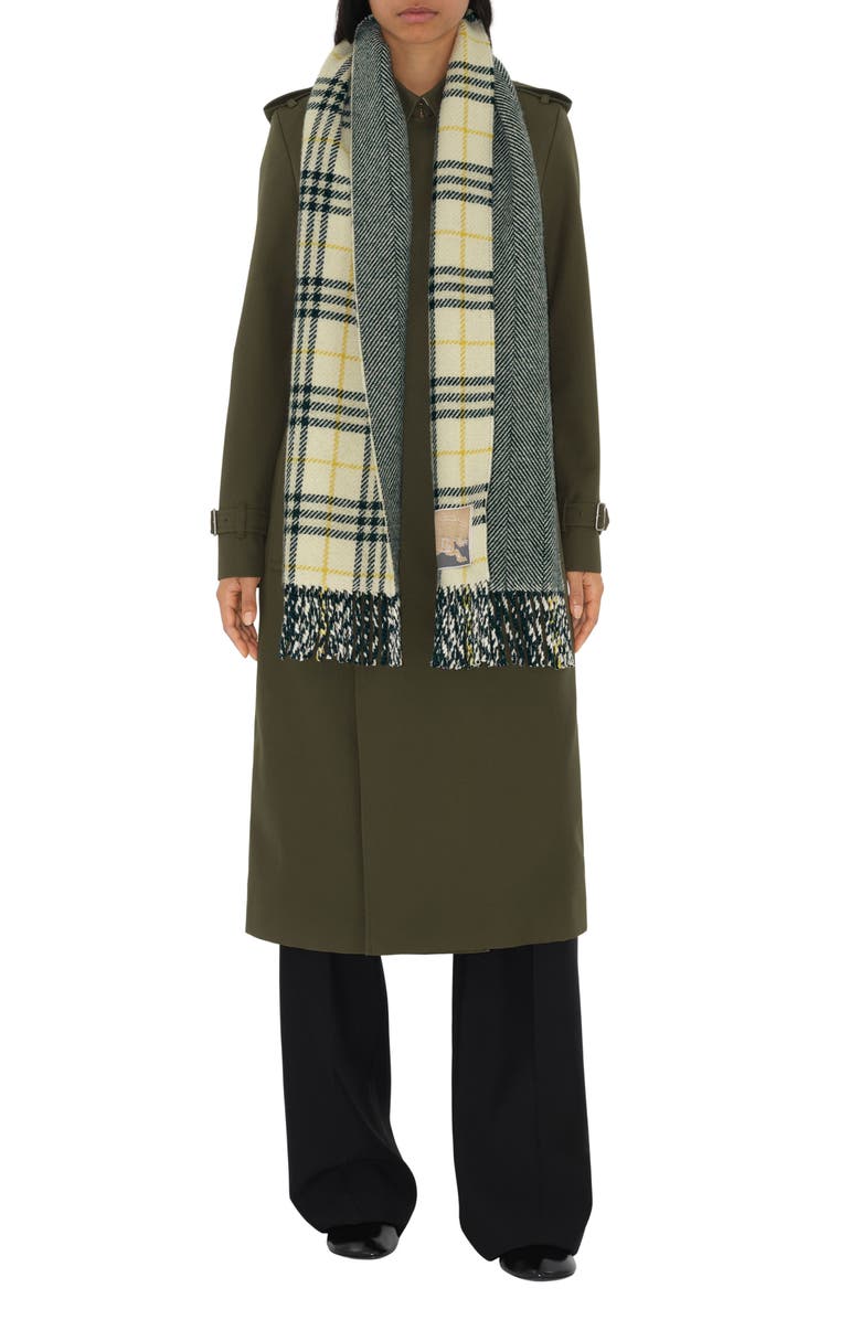 Burberry Check & Herringbone Reversible Cashmere & Wool Fringe Scarf, Alternate, color,