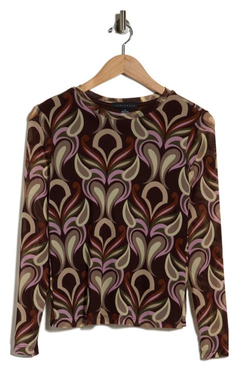 Print Long Sleeve Sheer Top