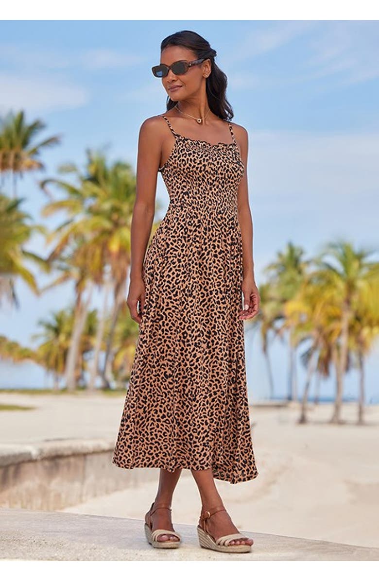 LASCANA Women's Smocked Print Dress, Alternate, color, Leopard