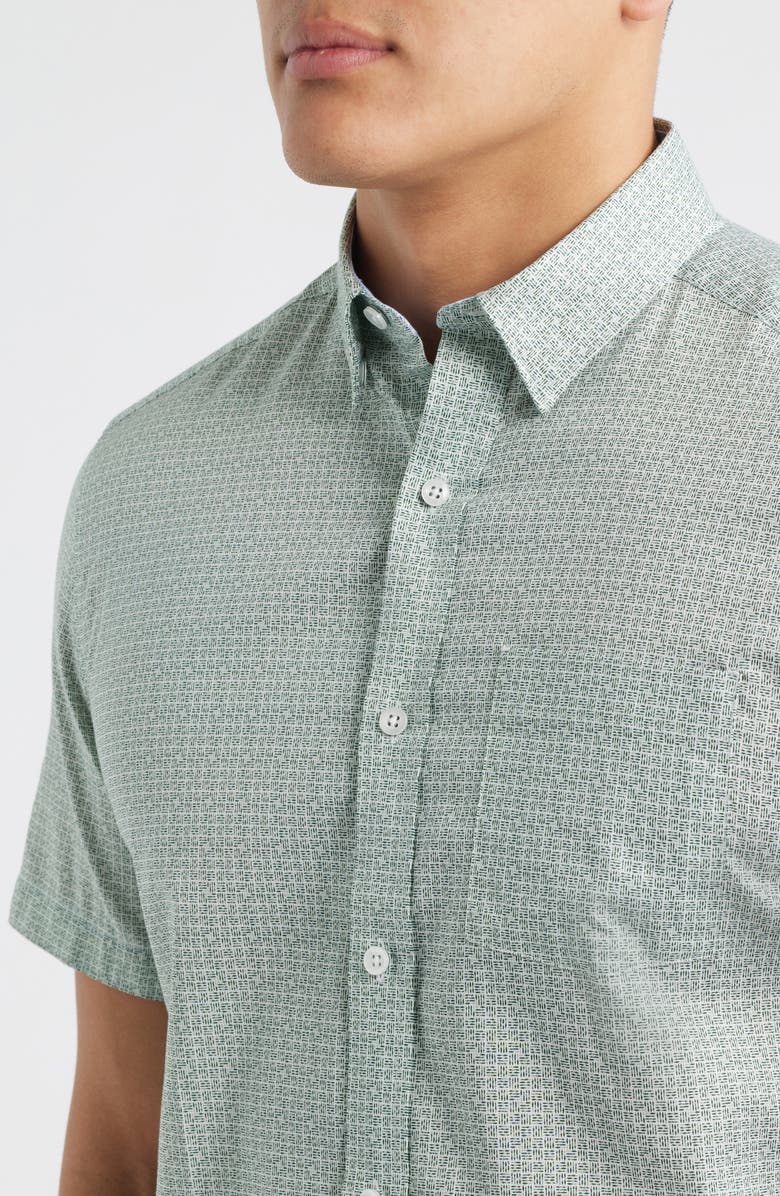 Johnston & Murphy Logan Microprint Short Sleeve Cotton Blend Button-Up Shirt, Alternate, color, Green Hashed Squares