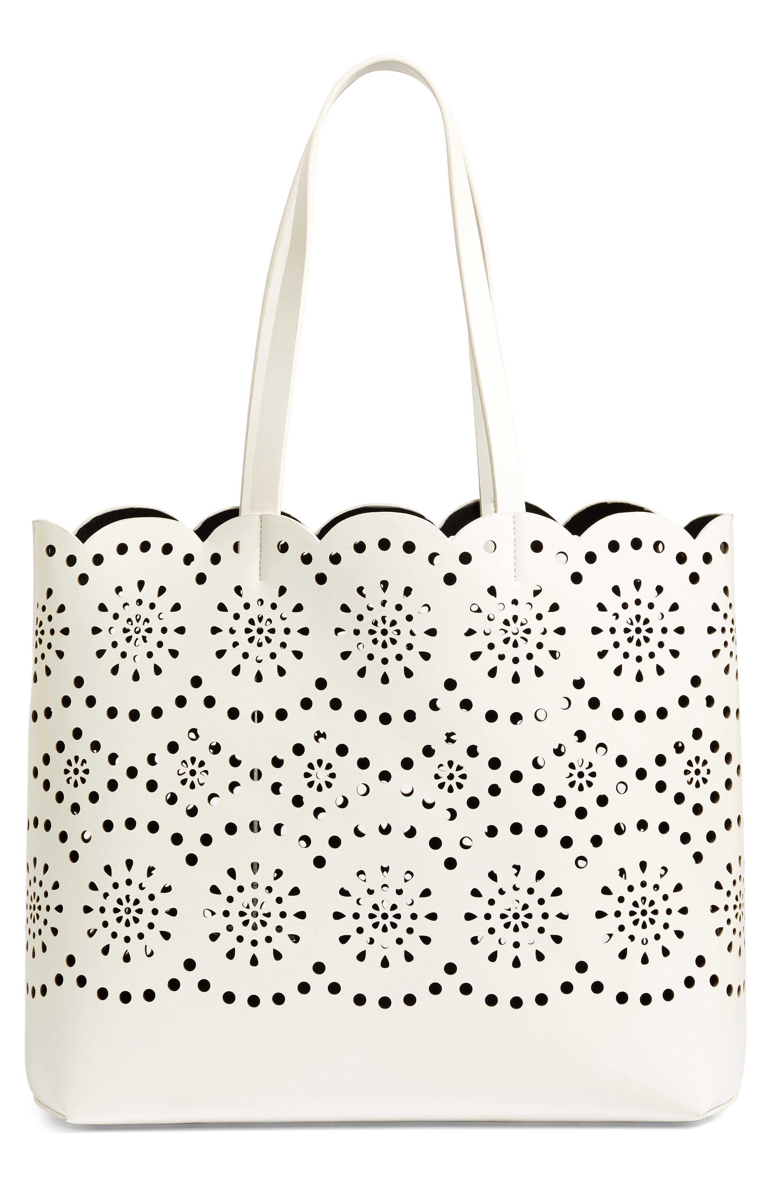 Lily Scallop Faux Leather Tote, Main, color, WHITE SNOW
