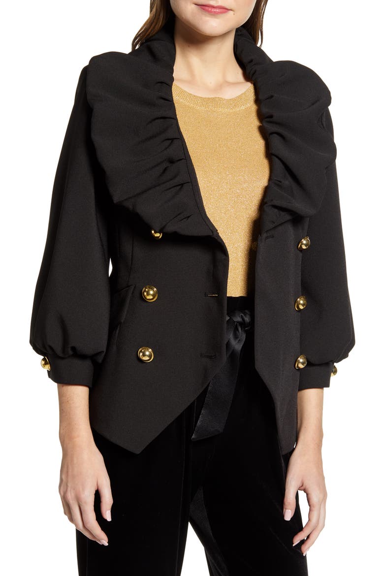 x Atlantic-Pacific Ruffle Front Blazer (Nordstrom Exclusive), Alternate, color, BLACK