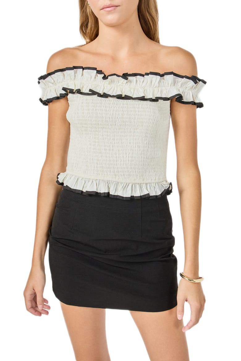 Off the Shoulder Ruffle Trim Smocked Top, Main, color, IVORY